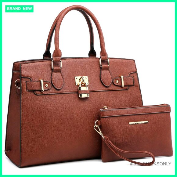 Handbags - Large Vegan Leather Satchel Tote with Matching Clutch for Work